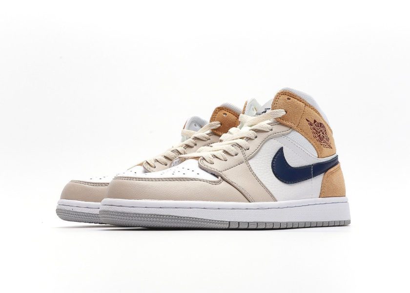 Air Jordan 1 Mid White Tan Navy - Image 9